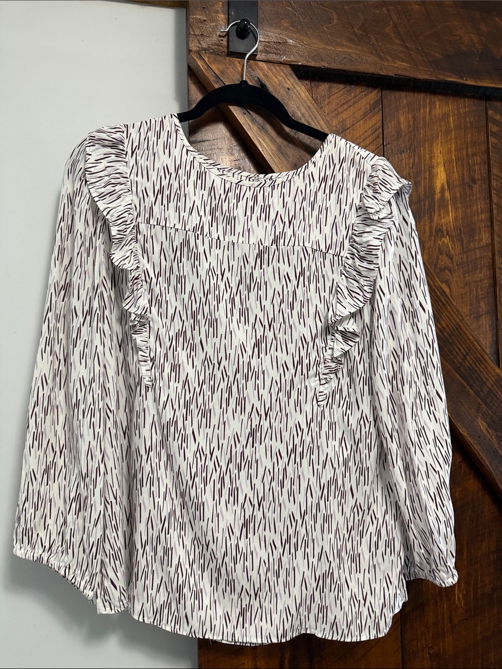 LOFT White Printed Ruffle Long-Sleeve Blouse